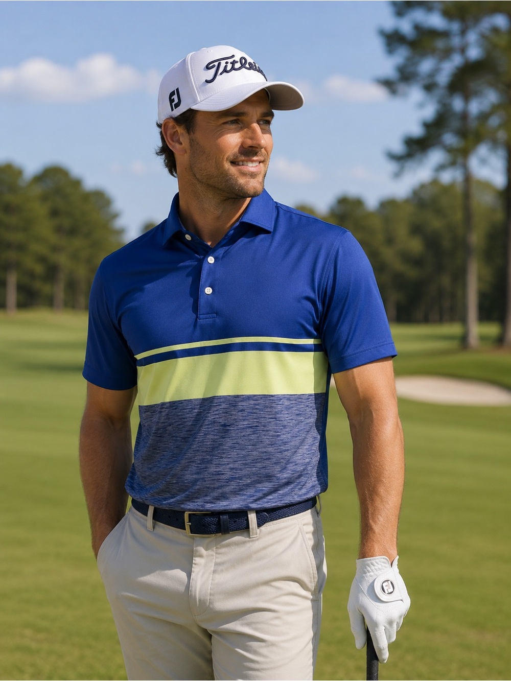 Foot Joy Golf Polo Shirt Las Sendas Logo  Blue W/Lime Stripe Men's Medium -K